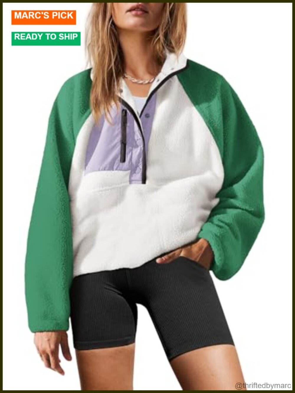 Womens Sherpa Fleece Pullover Jacket Quarter Button Zip Pockets